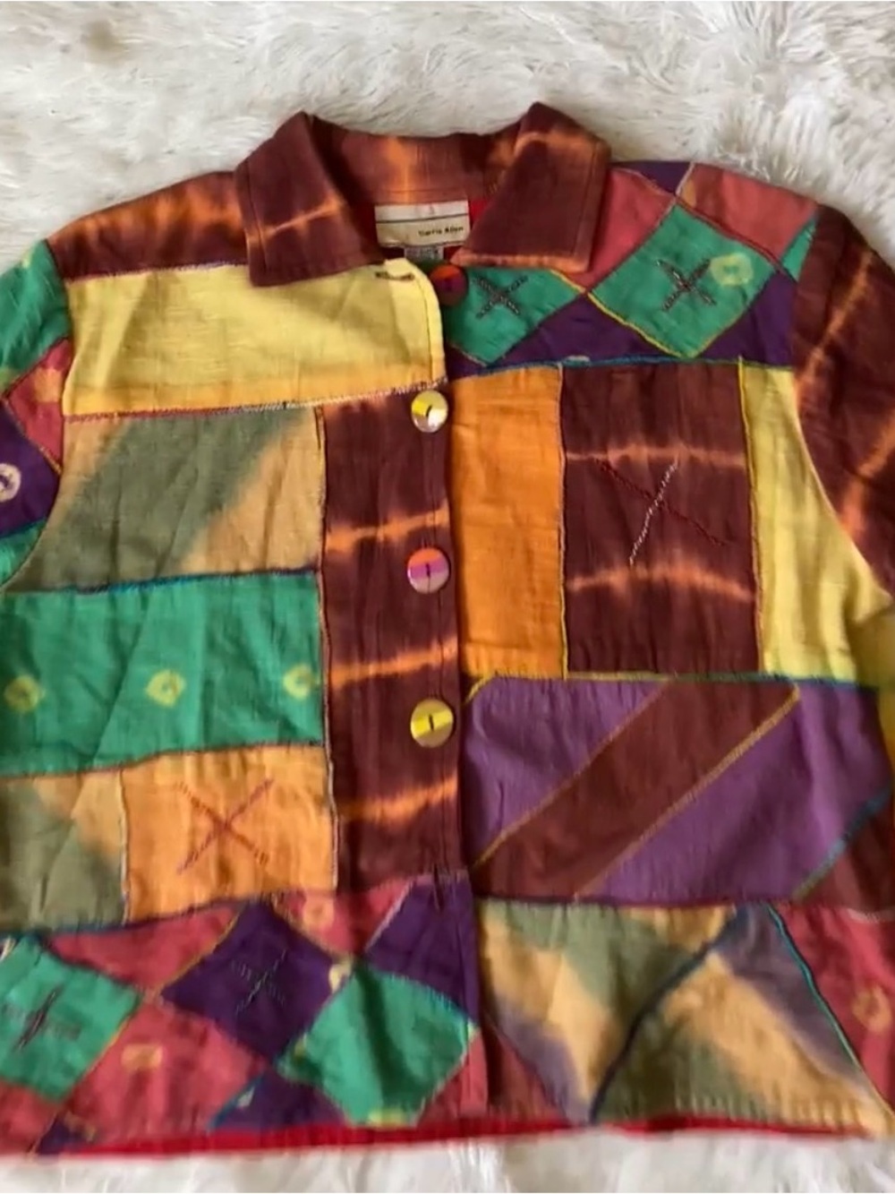 Carrie Allen Colorblock Patchwork Button-Up Jacket in Teal, Purple & Mustard - Picture 2 of 8